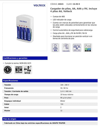 Cargador de pilas AA, AAA y 9V con LED indicador e incluye 4 pilas AA