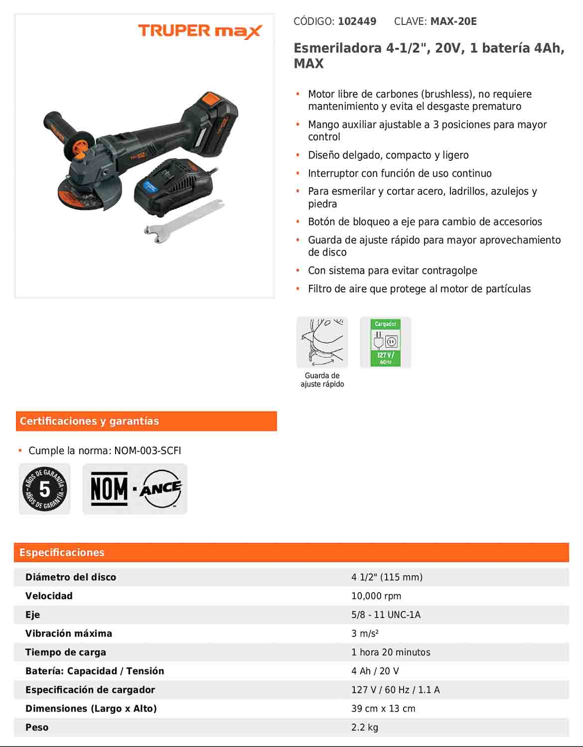 Esmeriladora inalámbrica de 4-1/2 in con batería 20 V