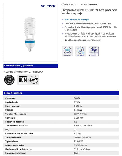 Lámpara espiral T5 de 105 W con luz de día