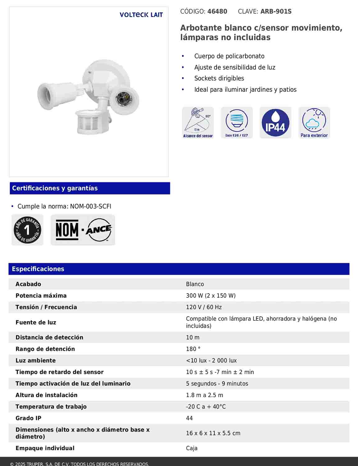 Arbotante blanco con sensor de movimiento y doble cabezal dirigible