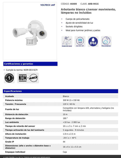 Arbotante blanco con sensor de movimiento y doble cabezal dirigible
