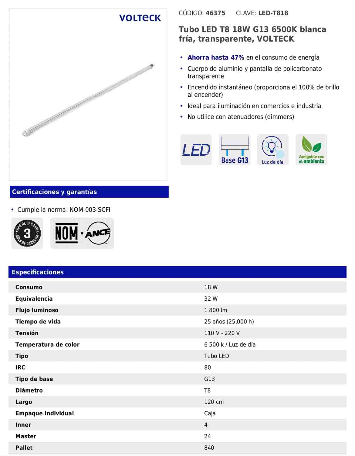Tubo LED T8 de 18 W con luz de día