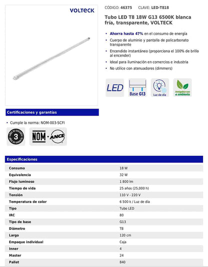 Tubo LED T8 de 18 W con luz de día