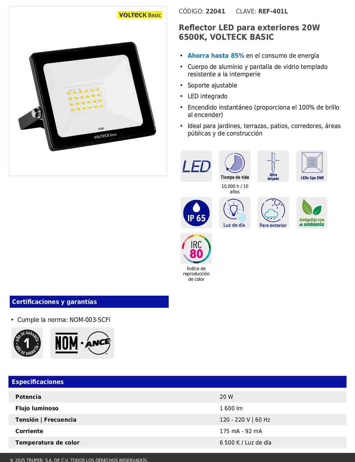 Reflector LED para exteriores de 20 W con luz de día