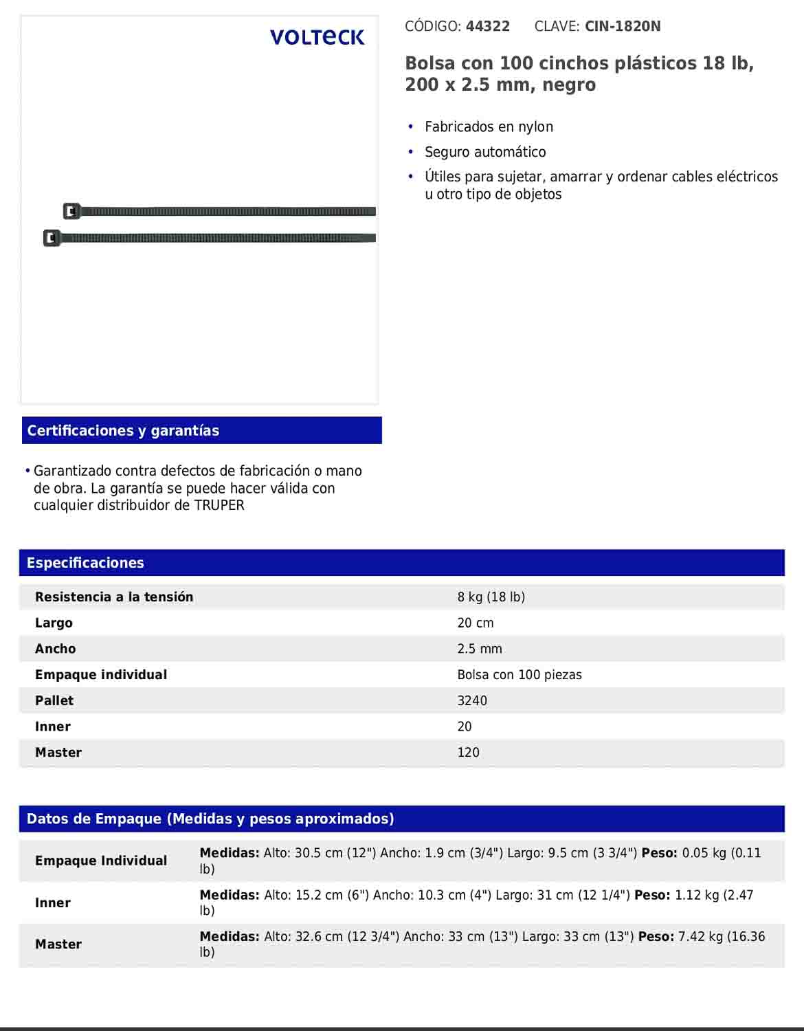 Bolsa con 100 cinchos plásticos 18 lb 200 x 2.5 mm negro