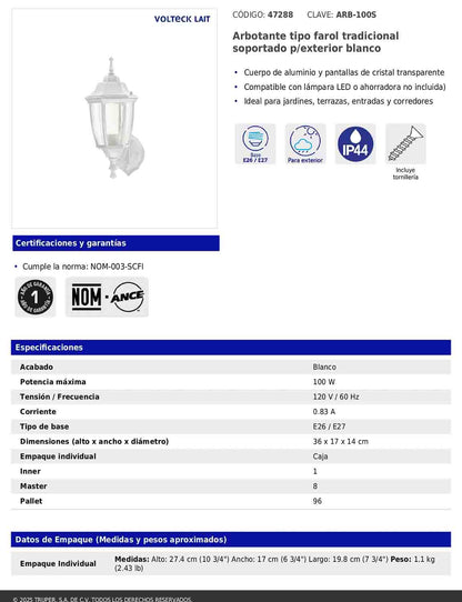 Arbotante tipo farol tradicional soportado para exterior color blanco