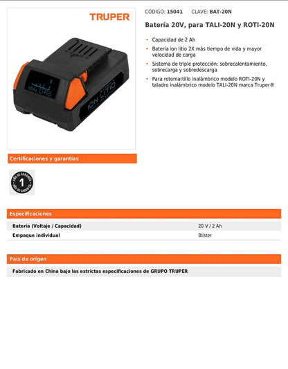 Batería de ion litio de 20 V con capacidad de 2 Ah