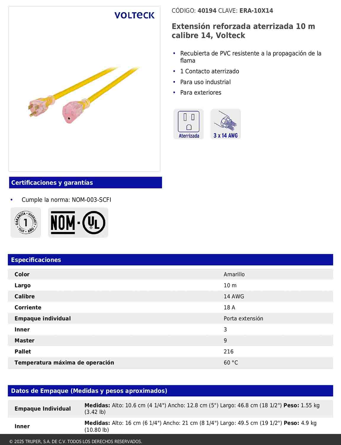 Extensión reforzada aterrizada 10 m calibre 14