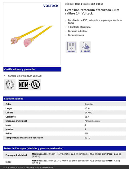 Extensión reforzada aterrizada 10 m calibre 14