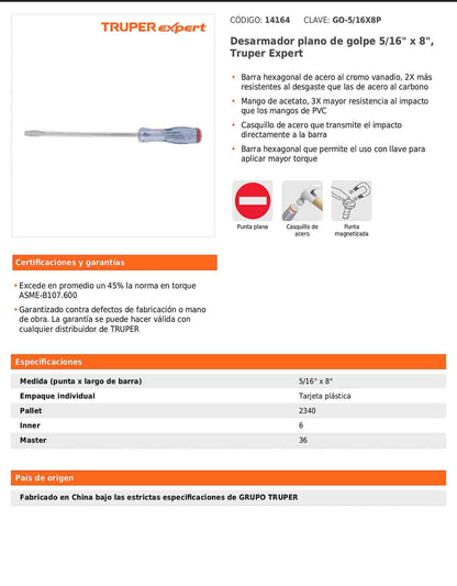 Desarmador plano de golpe de 5/16 x 8 con barra hexagonal