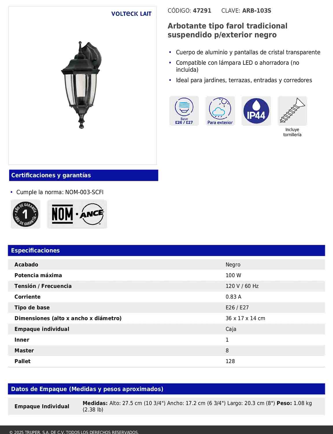 Arbotante tipo farol tradicional suspendido para exterior color negro