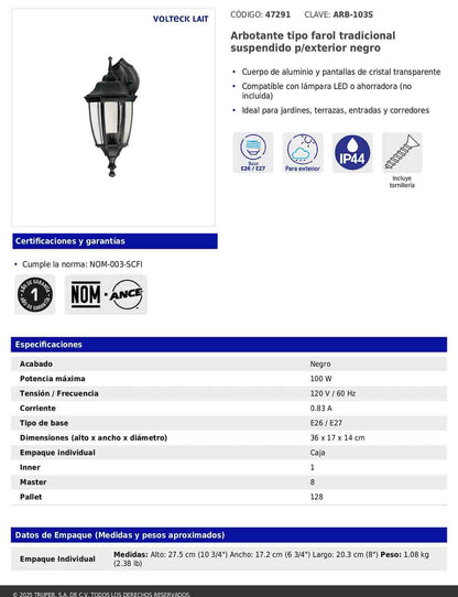 Arbotante tipo farol tradicional suspendido para exterior color negro