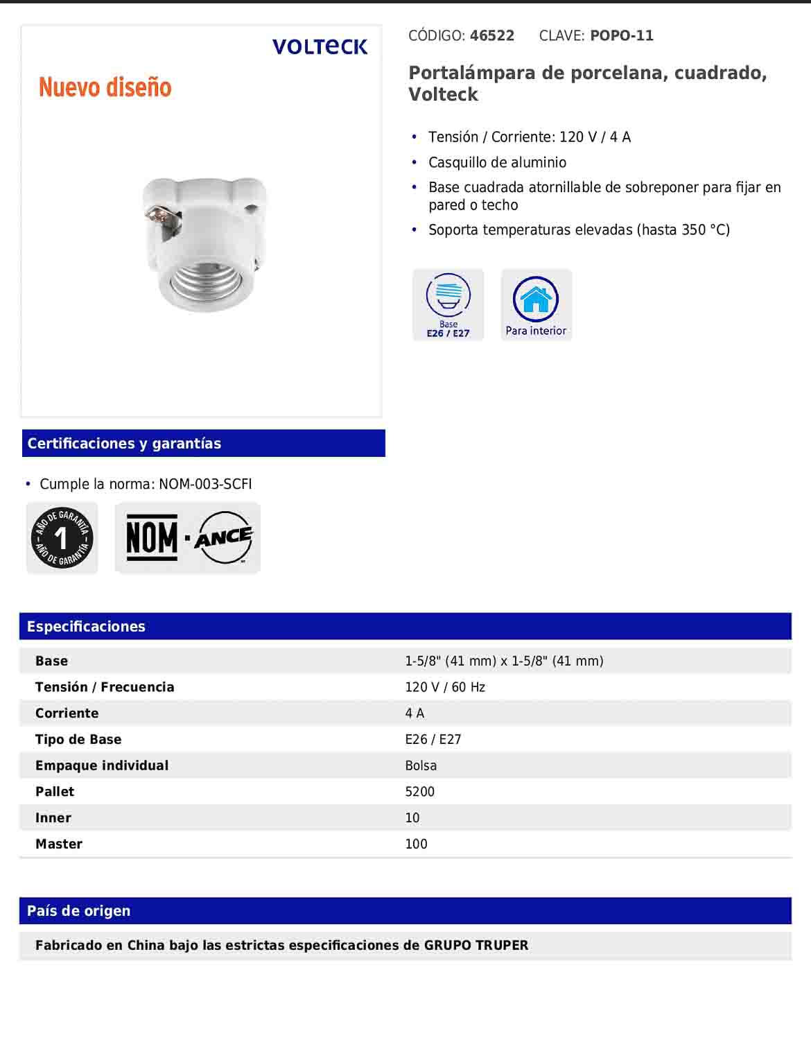 Portalámpara de porcelana cuadrado con casquillo de aluminio y base atornillable