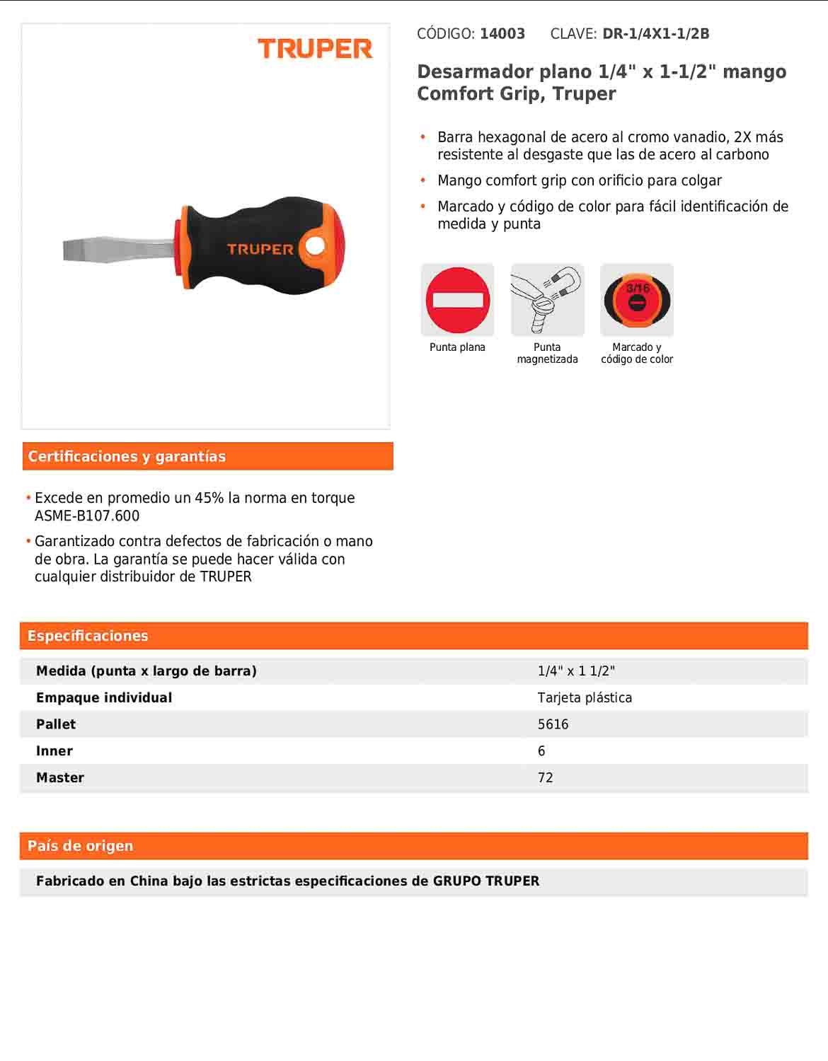Desarmador plano de 1/4 con barra de 3.81 cm y mango Comfort Grip