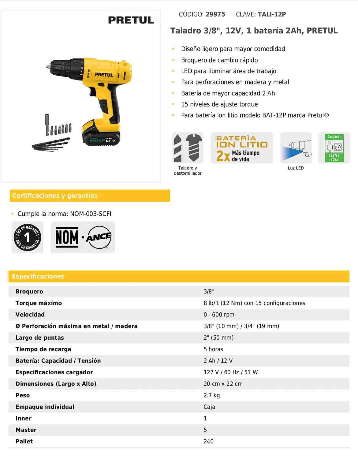 Taladro inalámbrico de 3/8 in con batería 12 V y una batería de 2 Ah