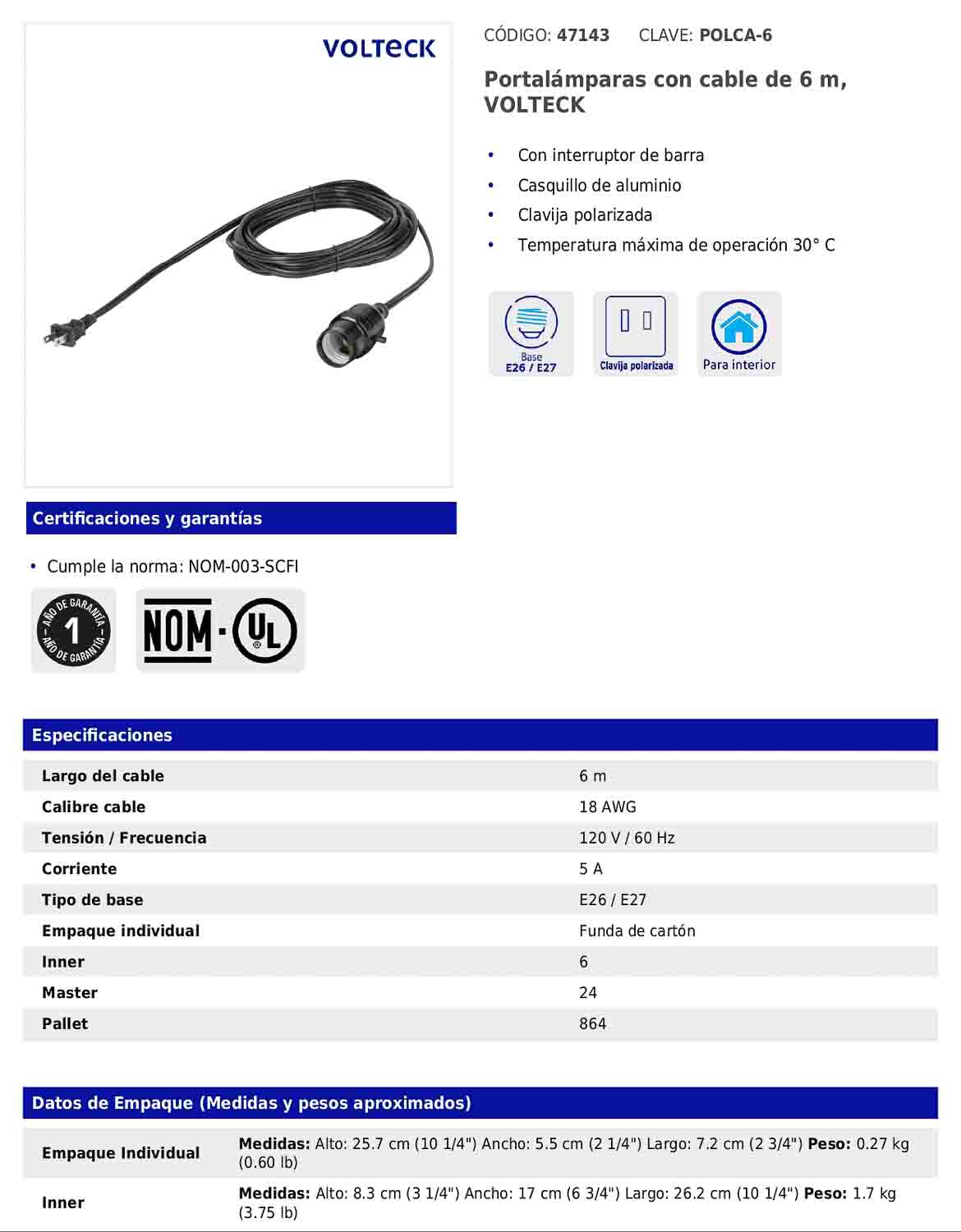 Portalámparas con cable de 6 m con interruptor de barra y clavija polarizada