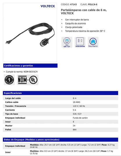 Portalámparas con cable de 6 m con interruptor de barra y clavija polarizada