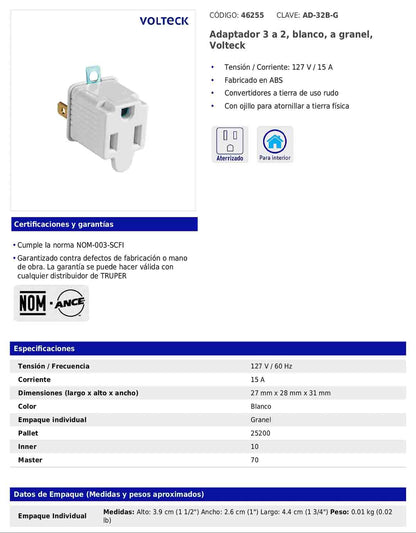 Adaptador de 3 a 2 blanco con ojillo para tierra física