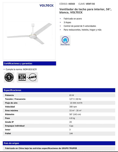 Ventilador de techo para interior de 56" blanco