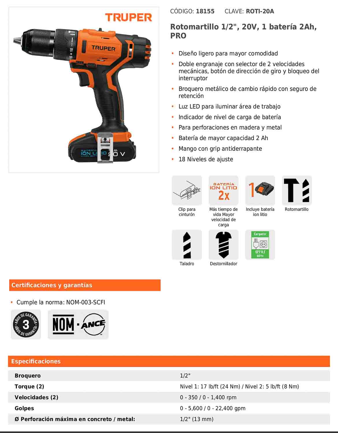 Rotomartillo inalámbrico de 1/2 in con batería 20 V y dos velocidades