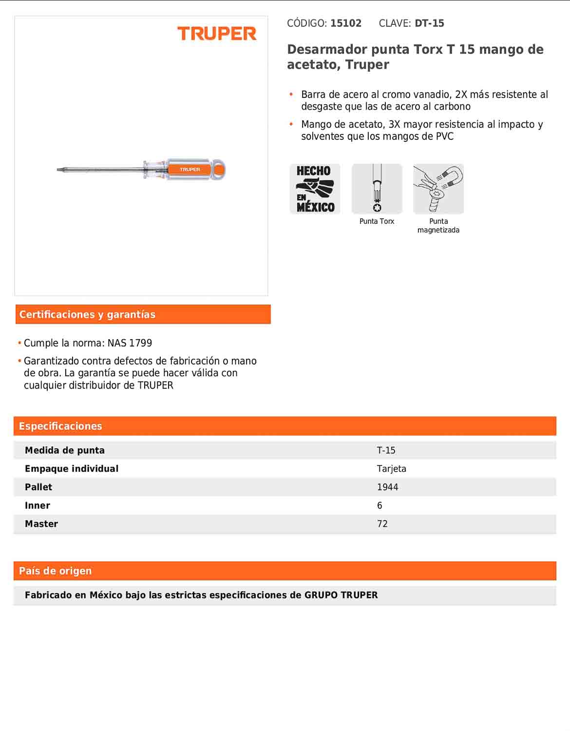 Desarmador Torx T-15 con barra de 10.16 cm y mango de acetato
