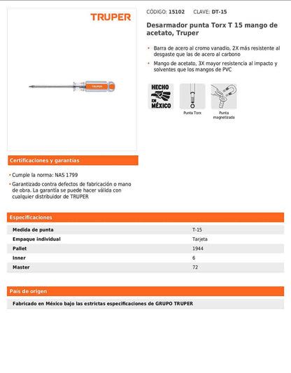 Desarmador Torx T-15 con barra de 10.16 cm y mango de acetato