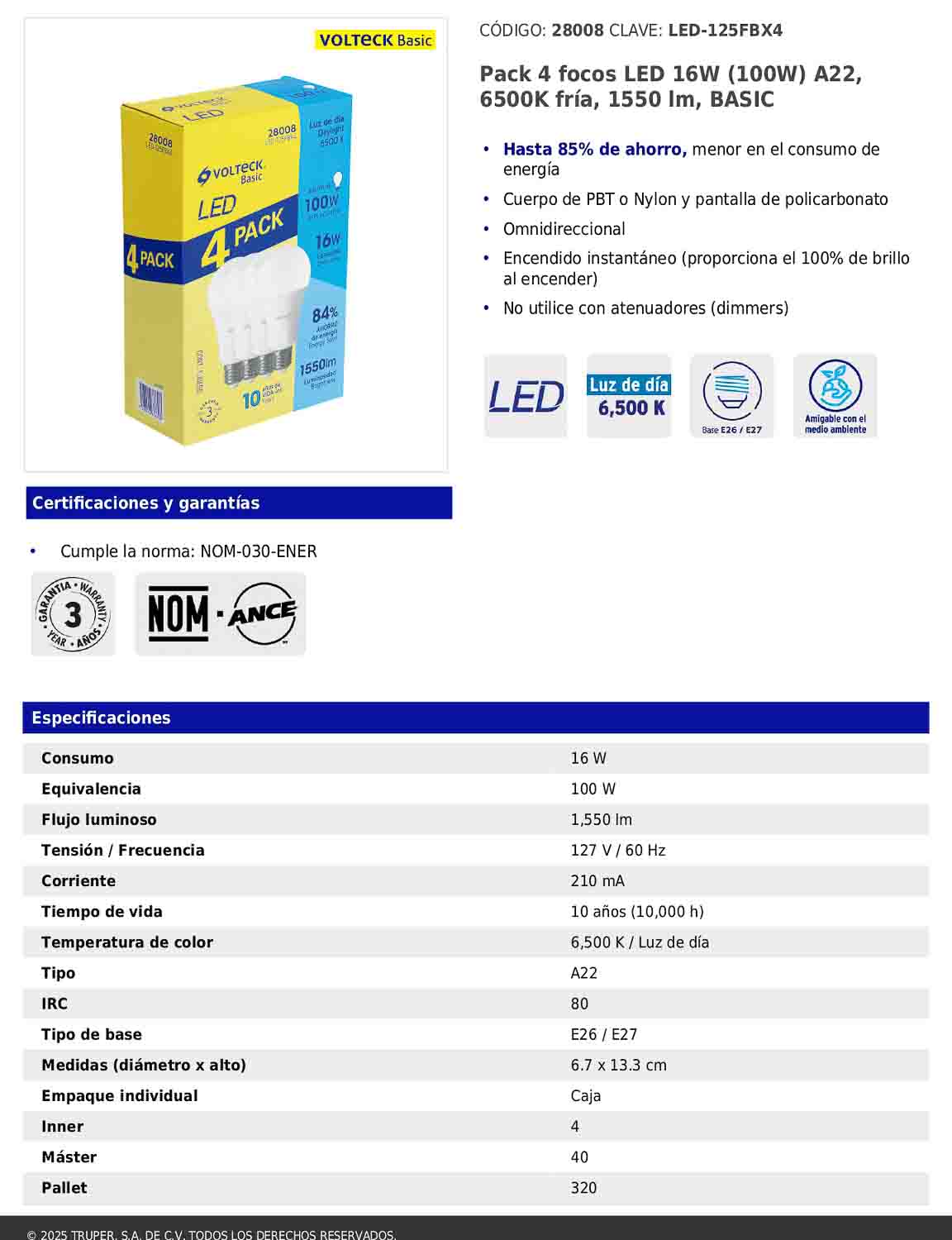 Pack de 4 focos LED 16W A22 6500K blanca fría 1550 lm BASIC