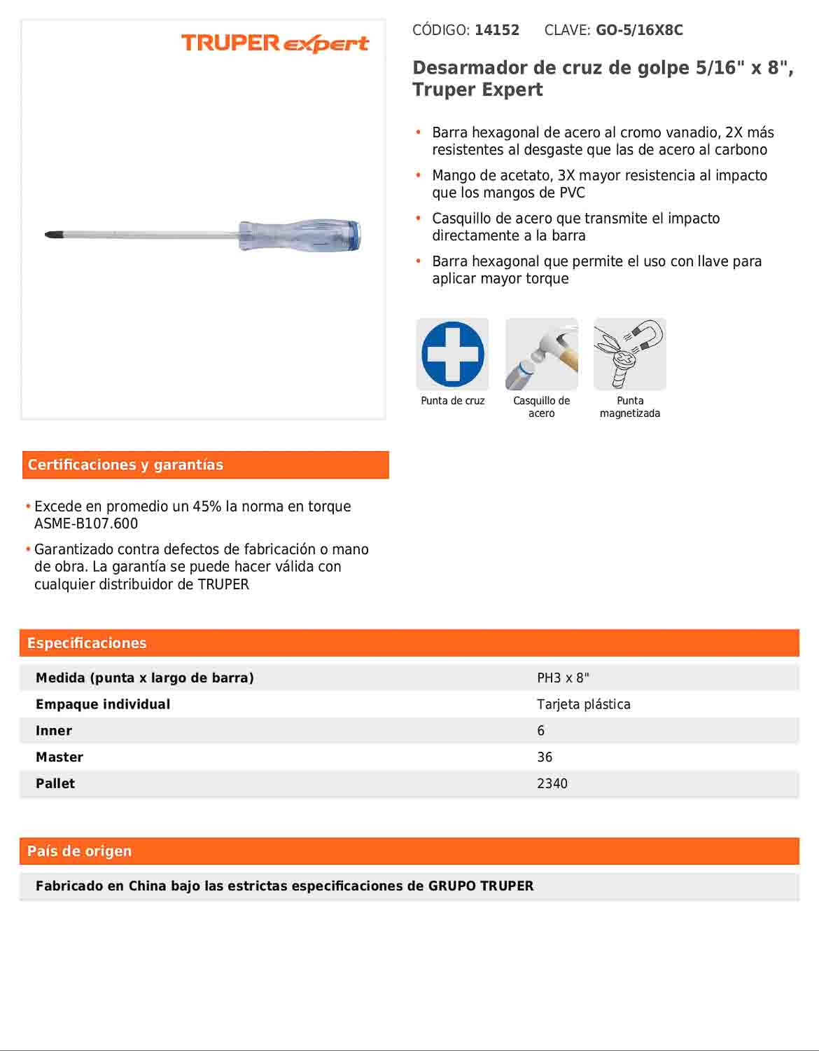 Desarmador de cruz de golpe de PH3 x 8 con barra hexagonal