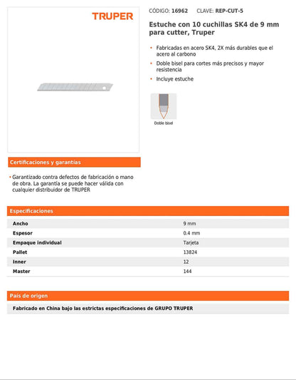 Estuche con 10 cuchillas de 9 mm para cutter