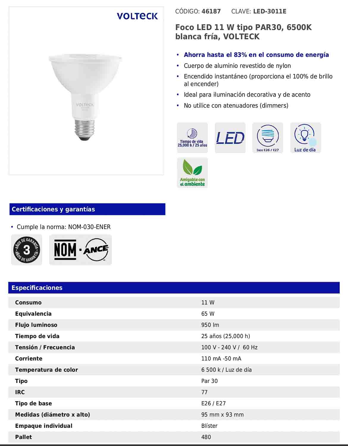 Foco LED de 11 W con luz de día