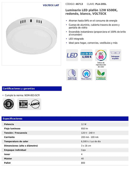 Luminario LED plafón de 12 W con luz de día redondo