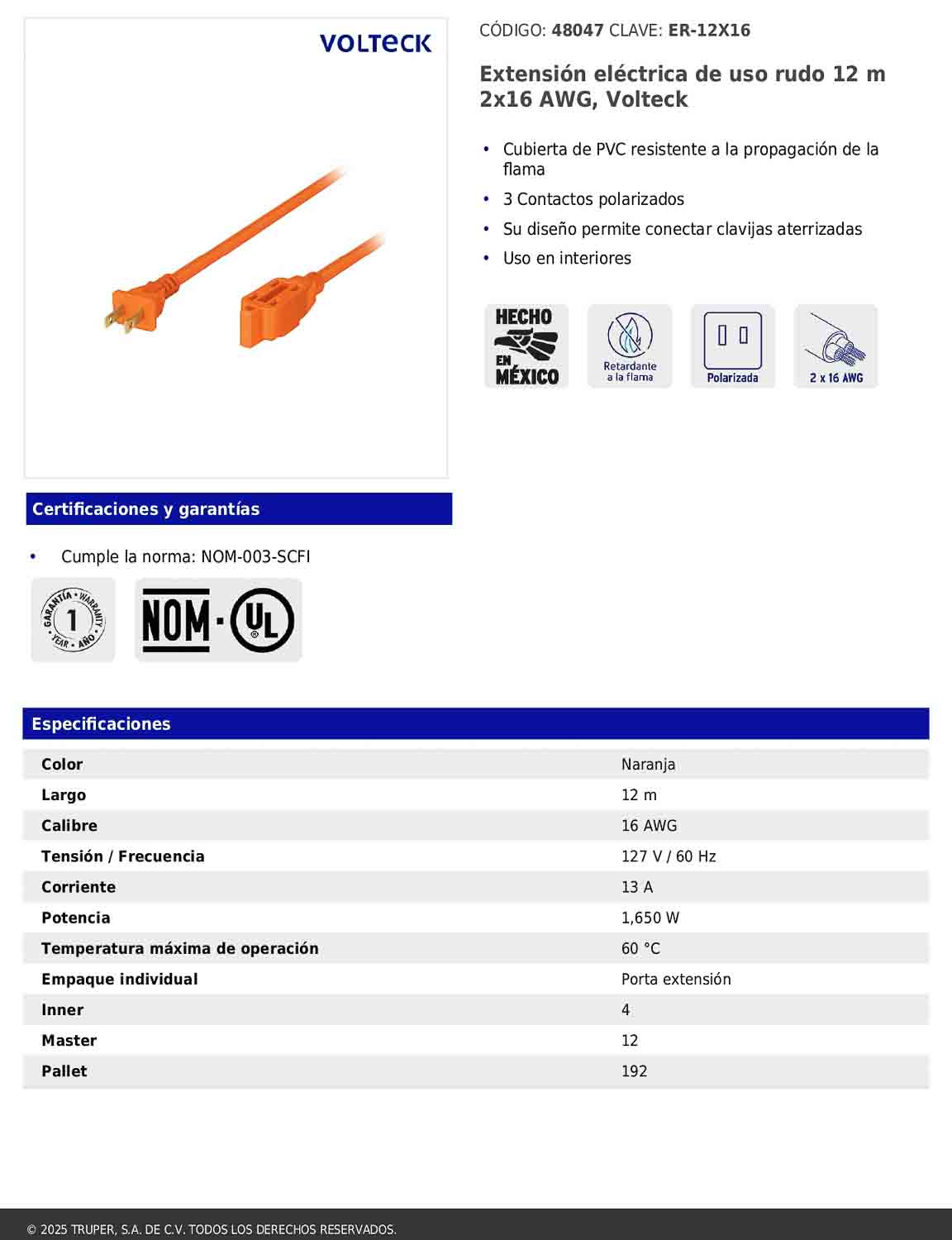 Extensión eléctrica de uso rudo de 12 m con calibre 2x16 AWG