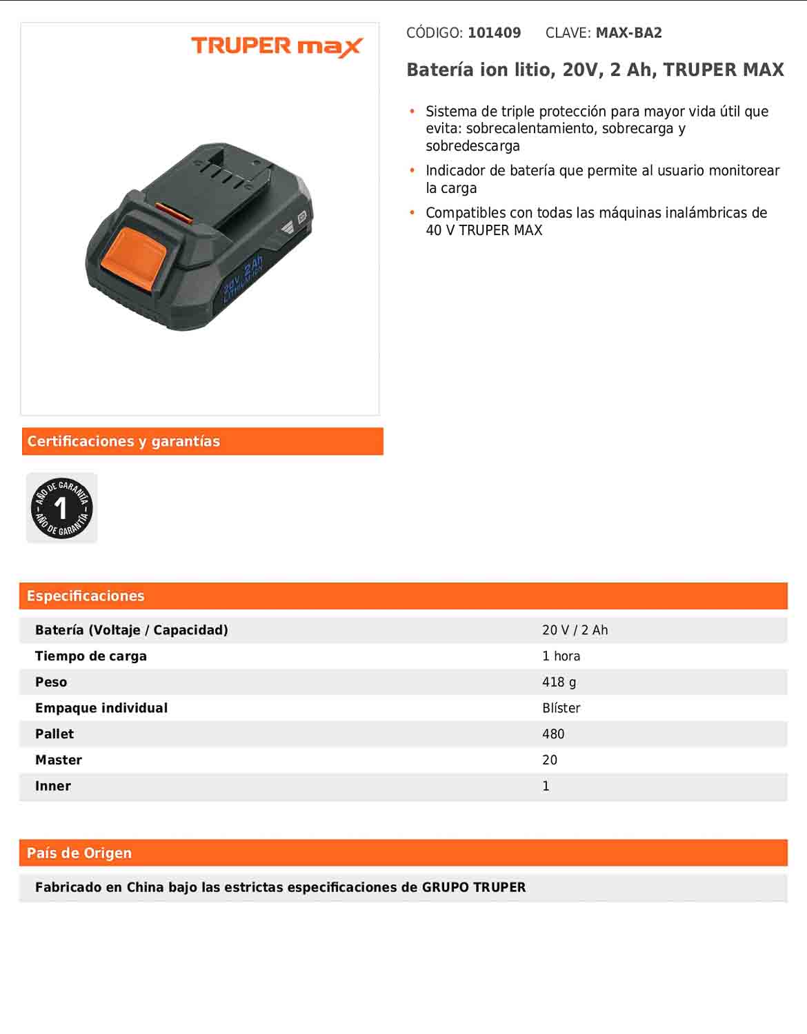 Batería de ion litio de 20 V con capacidad de 2 Ah