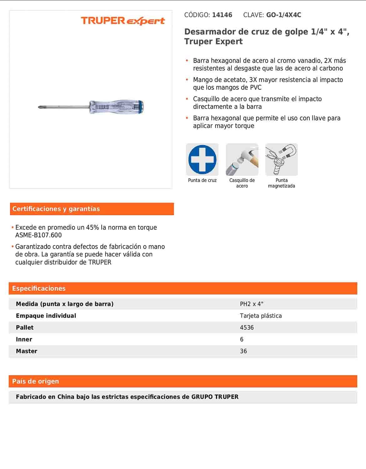 Desarmador de cruz de golpe de PH2 x 4 con barra hexagonal