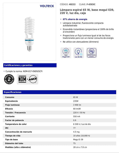 Lámpara espiral de 65 W con base E39 y luz de día