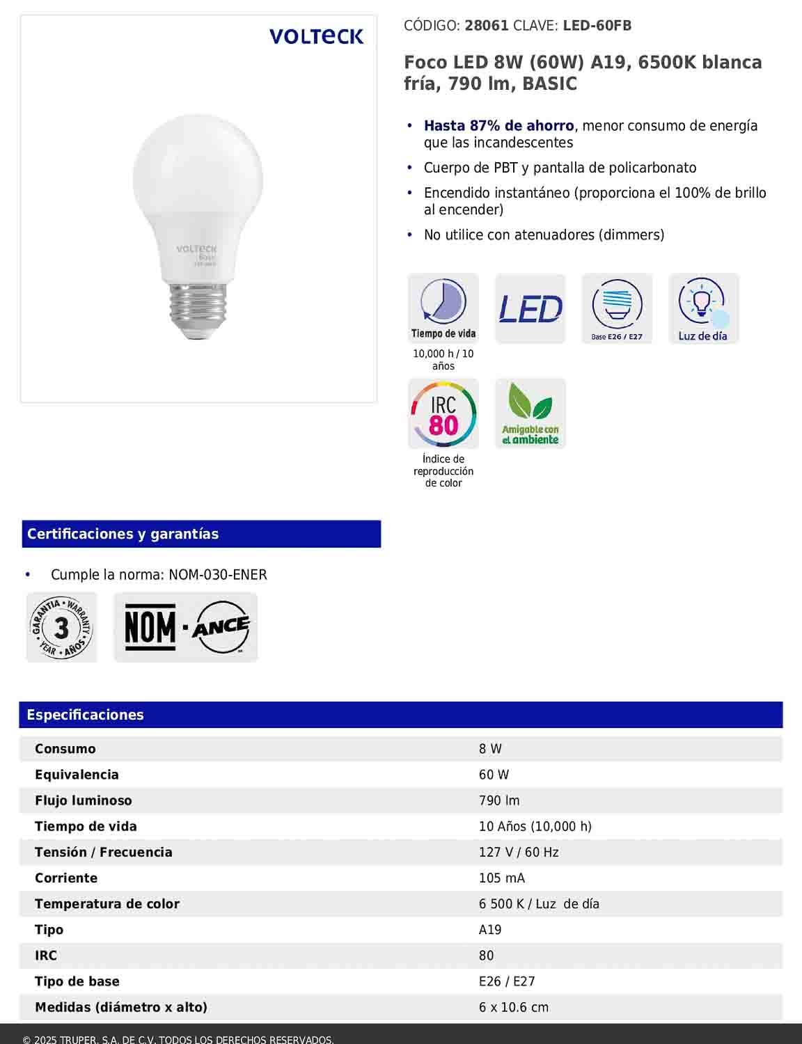 Foco LED 8W A19 6500K blanca fría 790 lm BASIC