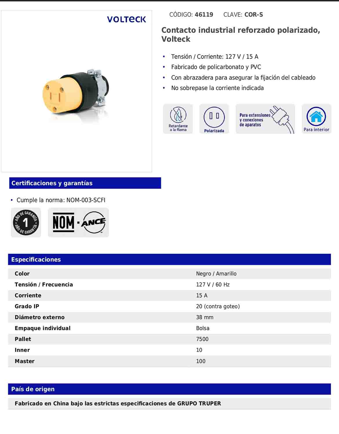 Contacto industrial reforzado polarizado de 127 V y 15 A