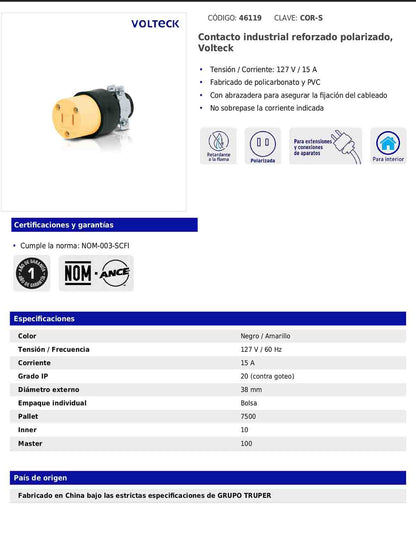Contacto industrial reforzado polarizado de 127 V y 15 A