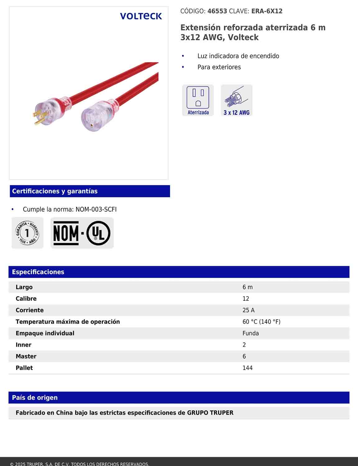 Extensión reforzada aterrizada 6 m 3x12 AWG