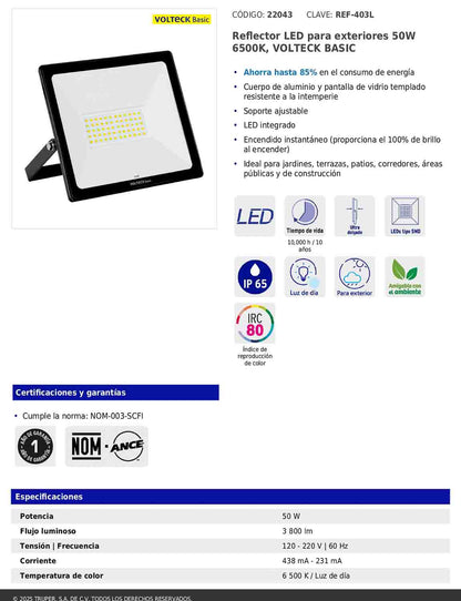 Reflector LED para exteriores de 50 W con temperatura de color 6 500 K