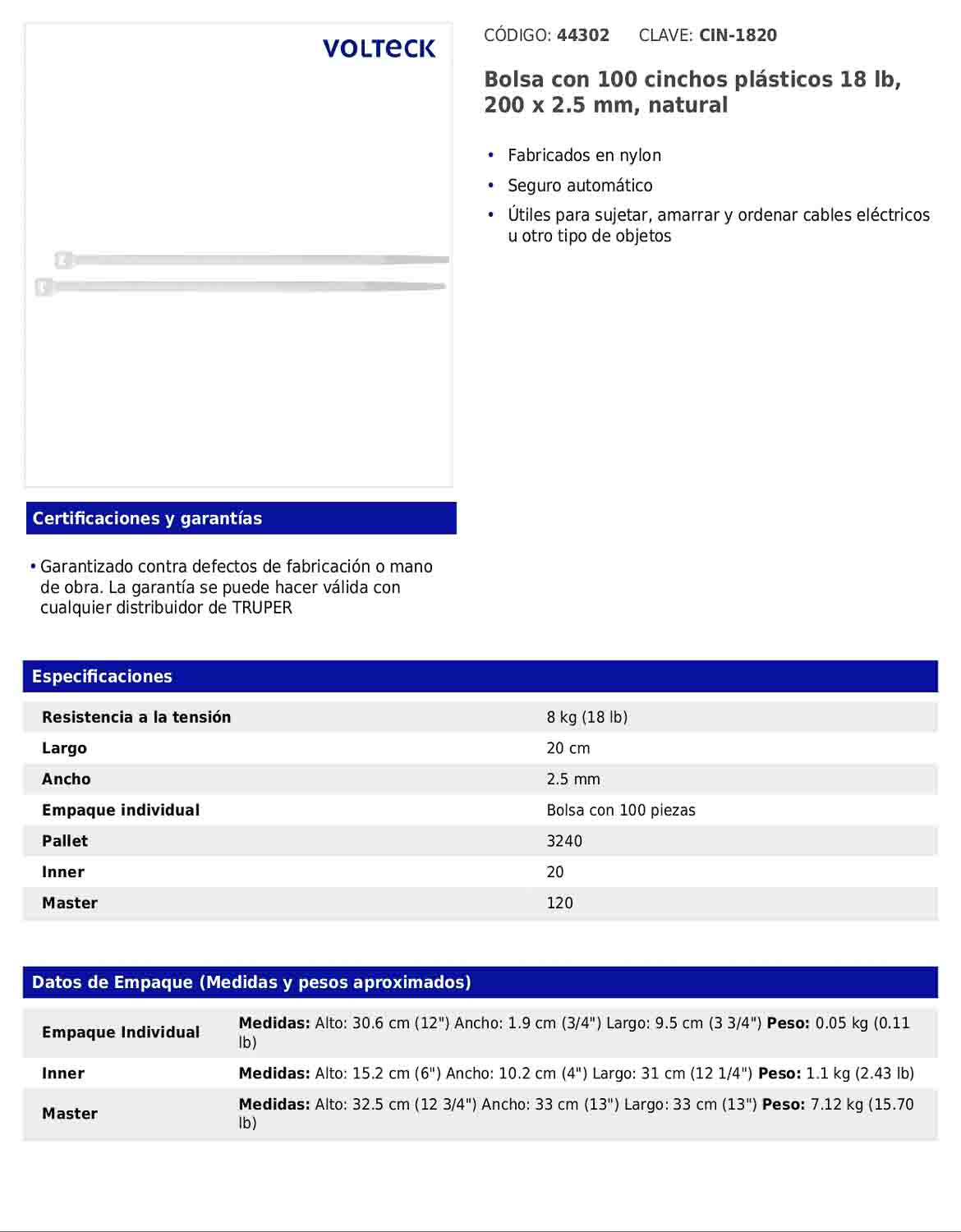 Bolsa con 100 cinchos plásticos 18 lb de 200 x 2.5 mm natural