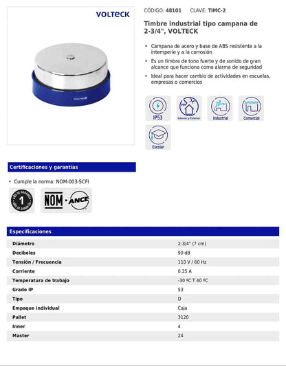 Timbre industrial tipo campana de 2-3/4" de 110 V con tono fuerte para alarma