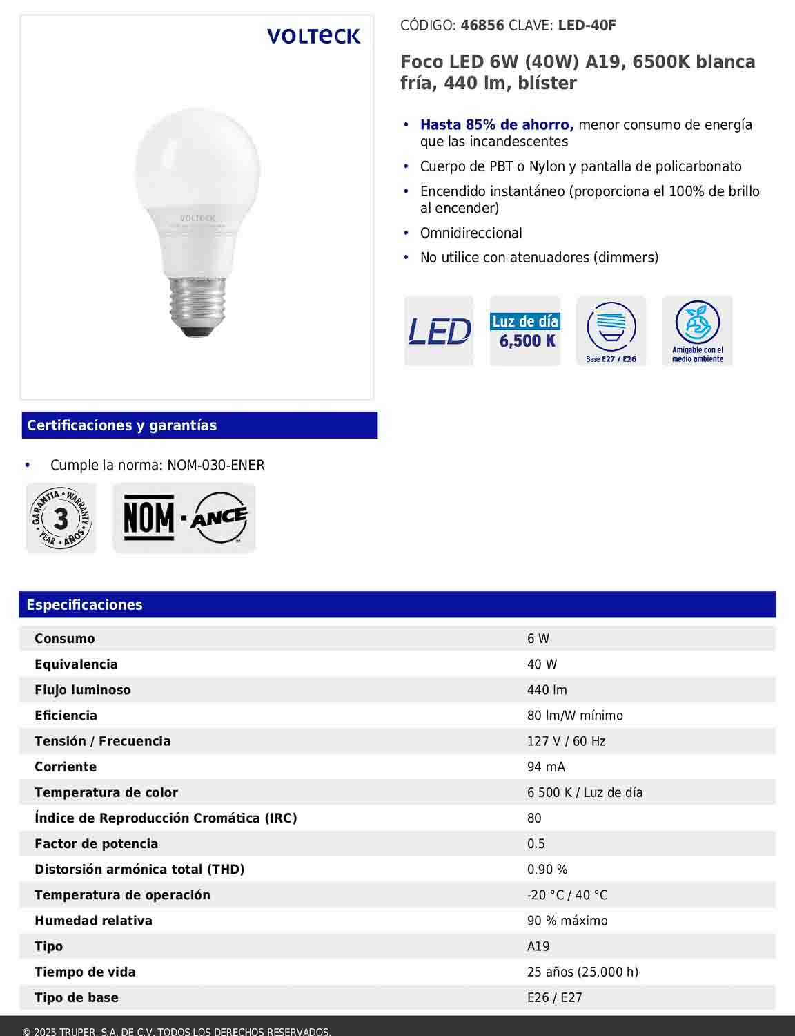 Foco LED 6W A19 6500K blanca fría 440 lm