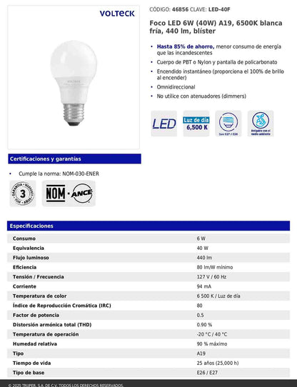 Foco LED 6W A19 6500K blanca fría 440 lm