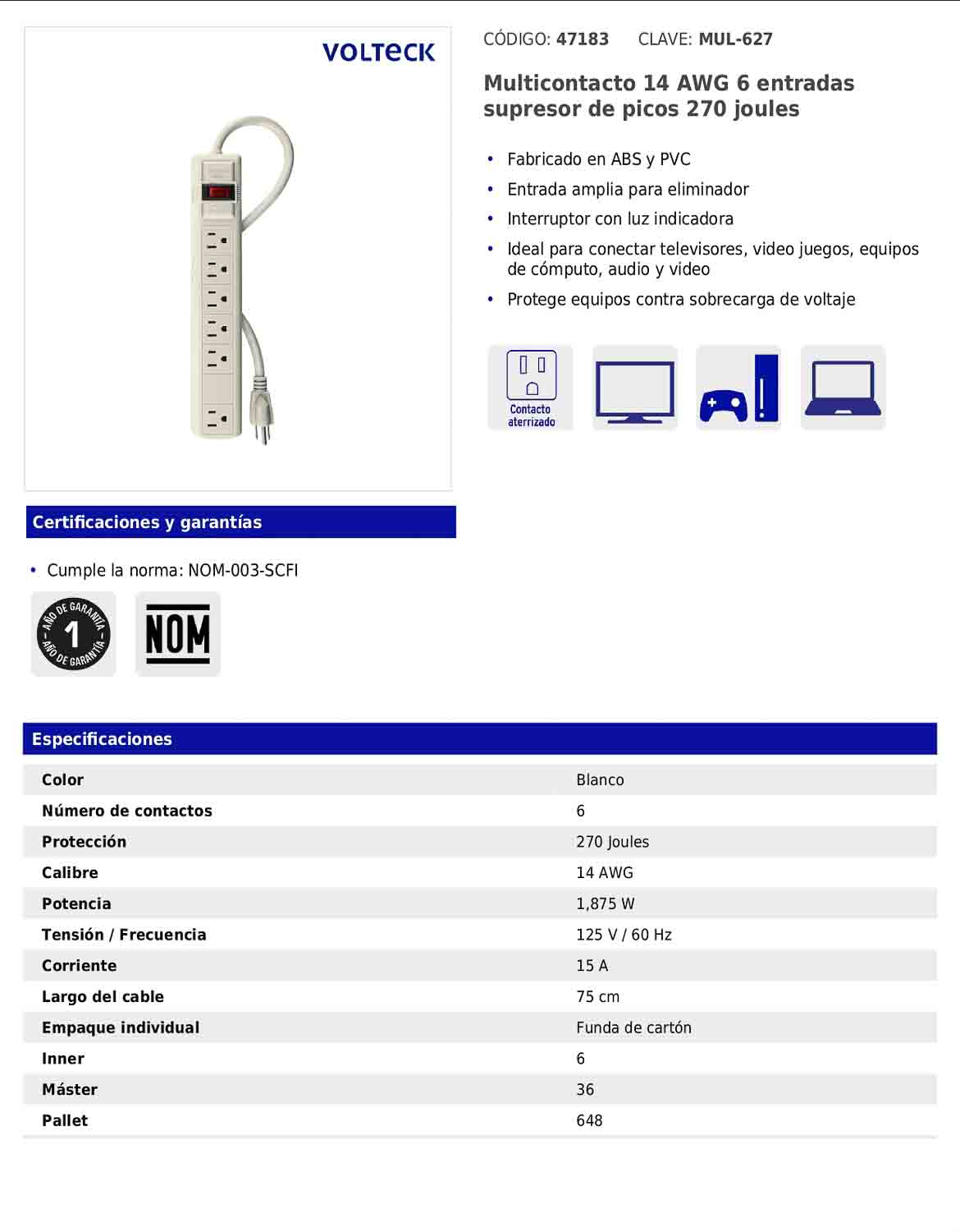 Regleta multicontacto de 6 entradas con supresor de picos de 270 joules