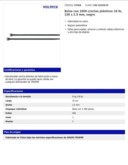 Bolsa con 1000 cinchos plásticos 18 lb de 150 x 2.5 mm negro