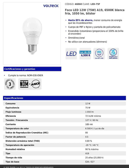 Foco LED 12W A19 6500K blanca fría 1050 lm