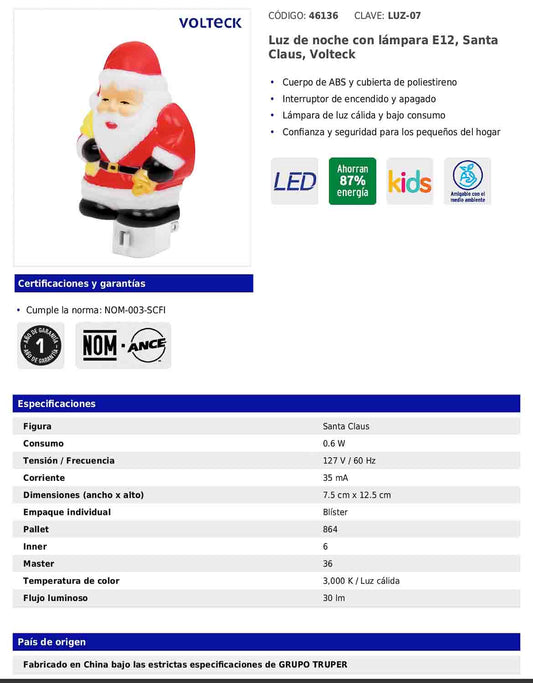 Luz de noche con lámpara E12 con figura de Santa Claus