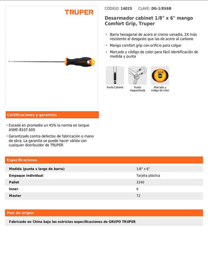 Desarmador cabinet de 1/8 con barra de 15.24 cm y mango Comfort Grip