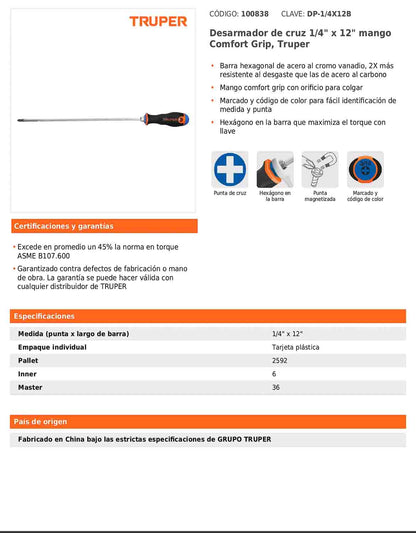 Desarmador de cruz de 1/4 con barra de 30.48 cm y mango Comfort Grip